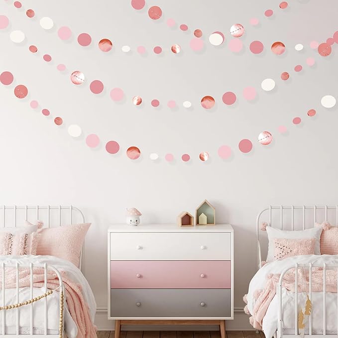 Rose Gold Party Decorations Dusty Pink Circle Dots Garland Blush Pink Hanging Paper Polka Dot Streamer for Birthday Wedding Bridal Shower Bachelorette Engagement Baby Shower Anniversary Party Supplies