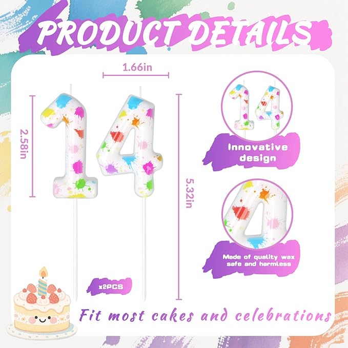 Paint Birthday Candles, Art Paint Party Decoration Supplies, Birthday Number Candles for Cake Topper (Multicolour, Number 14)