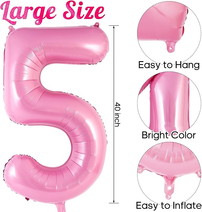 Pink Number 5 Balloon 40 Inch, Big Large Foil Helium Number Balloons, Jumbo Giant Mylar Number 5 Balloons for 5 Year Old Birthday Party Decorations Supplies Anniversary Celebration