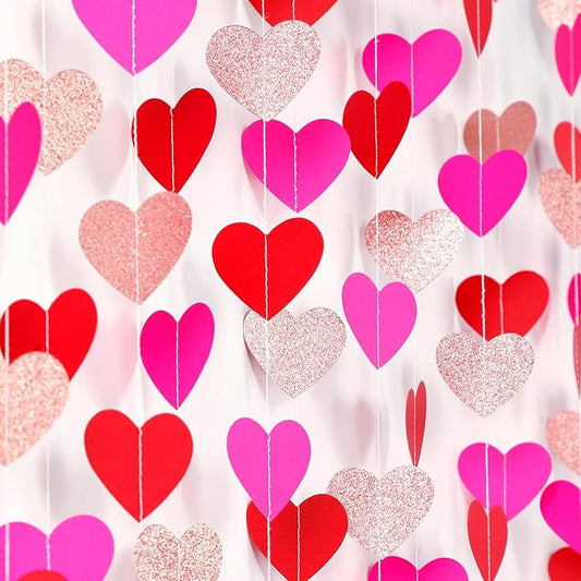 Rose-Gold Red Valentines Party-Decorations Heart-Garland - 52ft Galentines Glitter Streamers Banner,Women Romantic Special Night Wedding Bachelorette Bridal Shower Birthday Backdrop Decor Burgleda