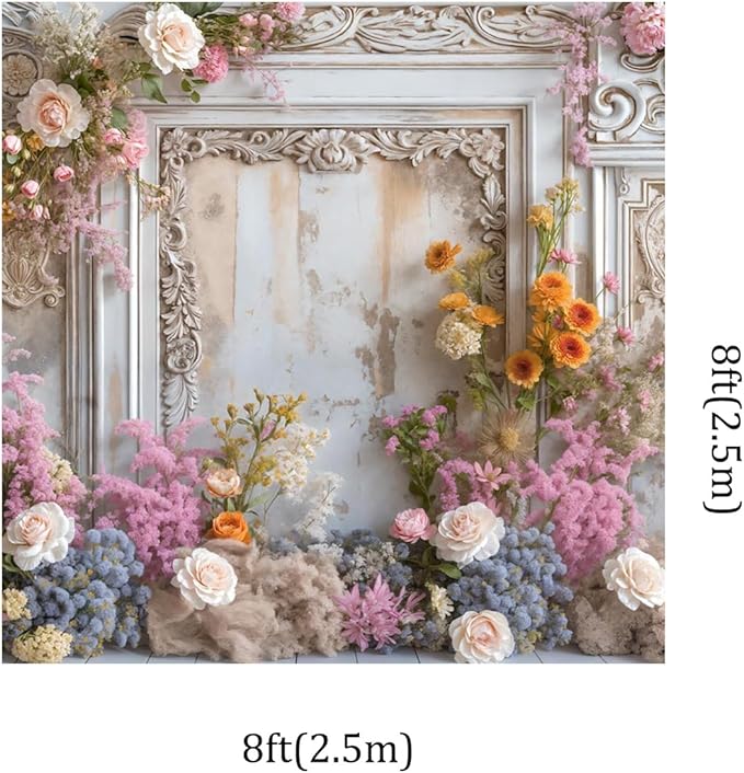 Kate 8x8ft Frame Style Retro Wall Wedding Portrait Photography Backdrops Colorful Fresh and Dried Flowers Romantic Sweetheart Birthday Photo Background