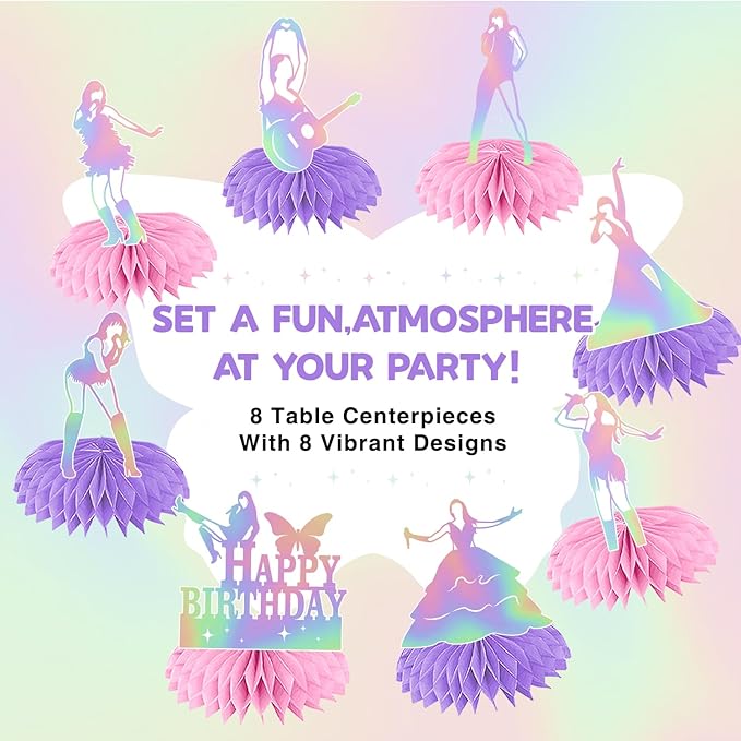 8 Pcs Iridescent Party Decorations Honeycomb Centerpieces, Happy birthday Table Decorations, birthday Party Decorations 3d Double Side Honeycomb Decorations for birthday Day Party