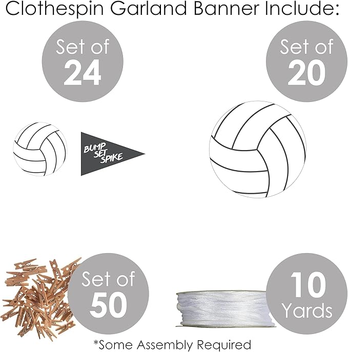 Big Dot of Happiness Bump, Set, Spike - Volleyball - Baby Shower or Birthday Party DIY Decorations - Clothespin Garland Banner - 44 Pieces