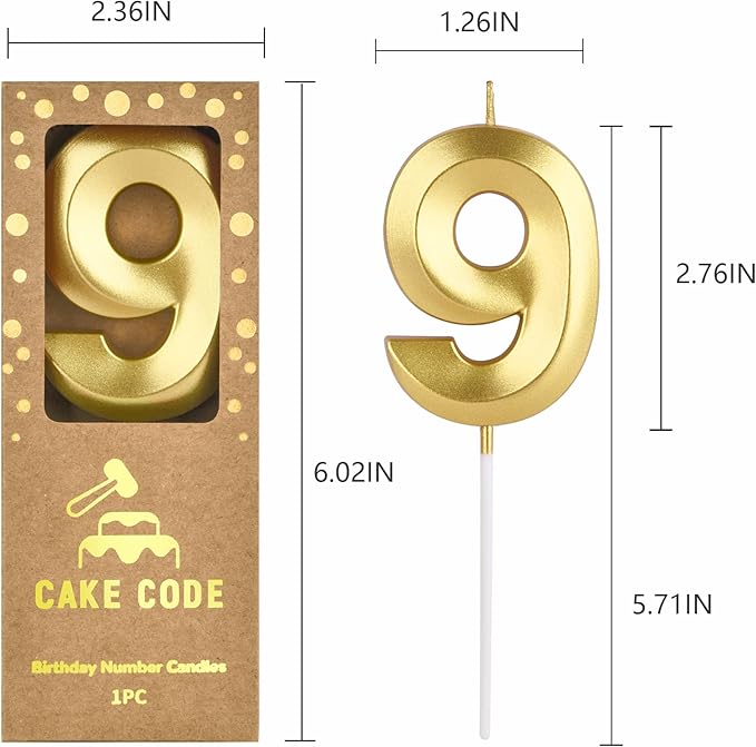 2.76 Inch Diamond Gold 9 Number Birthday Candles, Gold Number Candles, Cake Number Candles, Party Celebration
