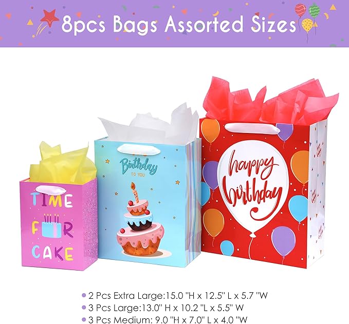 Nihuecne 8 Pack Birthday Gift Bags Assorted Sizes (2 Extra Large 15", 3 Large 13",3 Medium 9") with Ribbon Handle and Tissue Paper, Reusable and Perfect For Wrapping Present