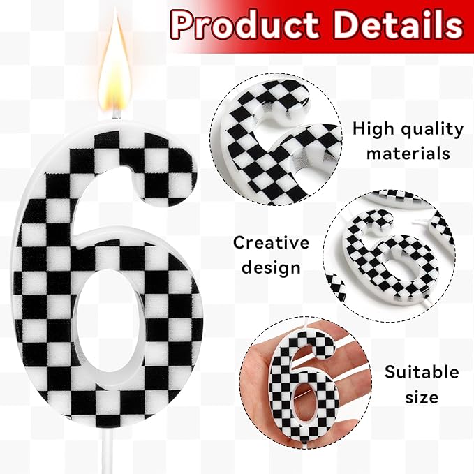 Racing Car Themed Birthday Candles, Number 6 Checkered Candles, Black & White Checkered Cake Decoration, Car Cake Topper for Party Decoration Theme Party Supplies