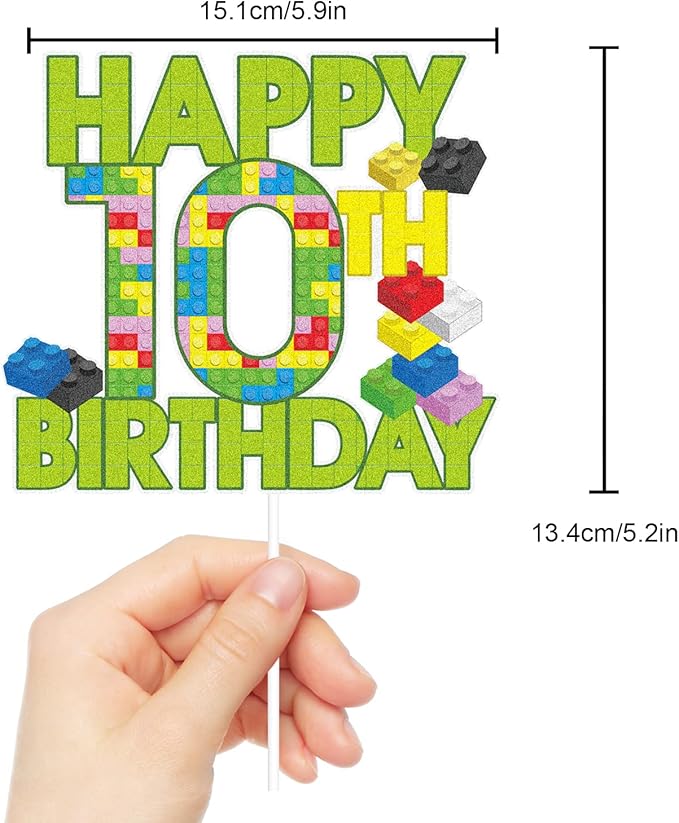Happy 10th Birthday Building Block Cake Topper - Puzzle Games 10th Birthday Party Green Cake Topper Supplies - Building Block Party Decoration For Adult