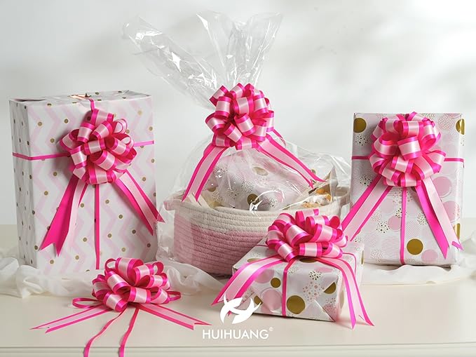 HUIHUANG Pink Pull Bows for Gift Wrapping 12 PCS Light Pink and Hot Pink Double Layer Satin Pull Bows 6" x 10" Gift Bow for Presents, Gift Basket, Birthday, Baby Shower Wedding Party Decor