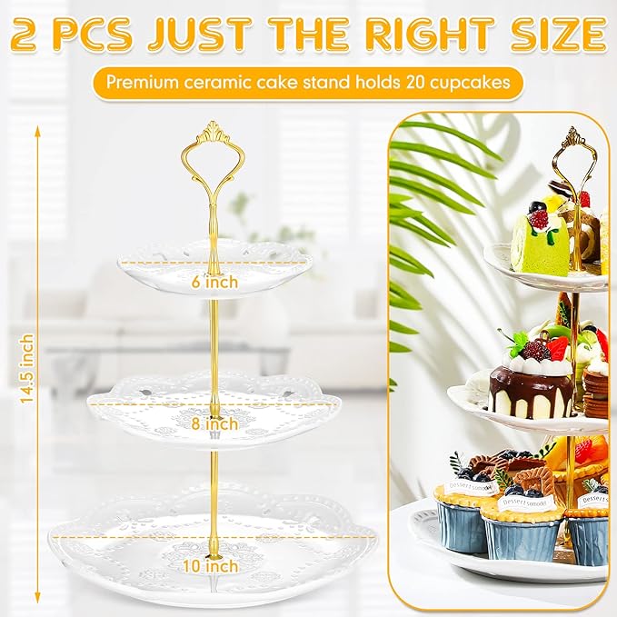 Tatuo 2 Pcs 3 Tier Porcelain Cupcake Stand, Cup Cake Holder Tower, Pastry Serving Elegant Dessert White Ceramic Tiered Stand for Wedding, Birthday, Tea Party(Lace Round Shape)