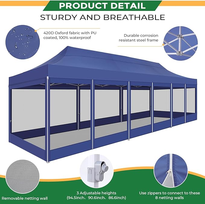 COBIZI 10x30 Heavy Duty Pop Up Canopy with 8 Mosquito Netting Wall, Easy Set Up Commercial Gazebo Party Tent, Outdoor Instant Screen Canopy for Backyard, Patio, Garden, Dark Blue