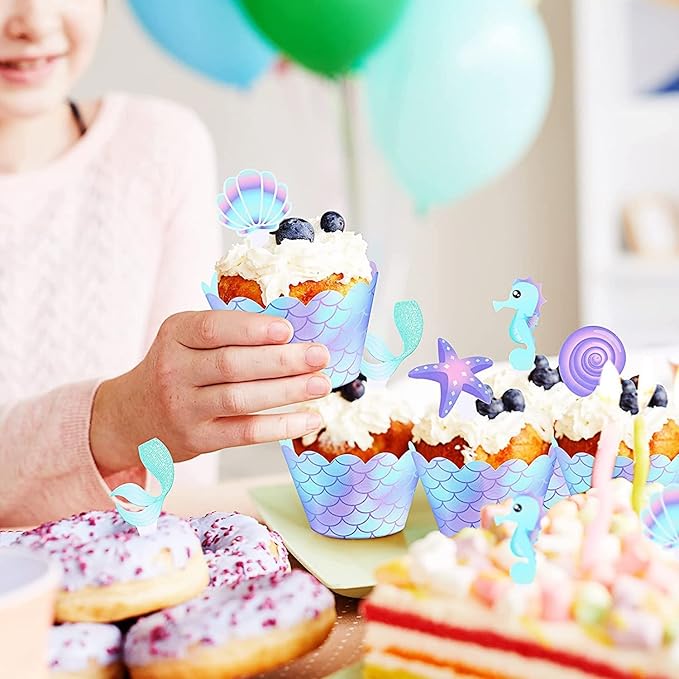 120 Pcs Mermaid Cupcake Wrappers Toppers, Include 60 Cake Topper and 60 Wrappers Double Side, Little Mermaid Theme Decoration Under The Sea Birthday Baby Shower Party Favor