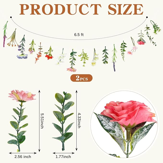 Suncalla 2 Pcs 6.6 ft Artificial Flower Garland Spring Wildflower Vines Backdrop Floral Hanging Ceiling Garland for Tea Birthday Wedding Bridal Shower Baby Shower Backdrop Wall Decor(Vivid Color)