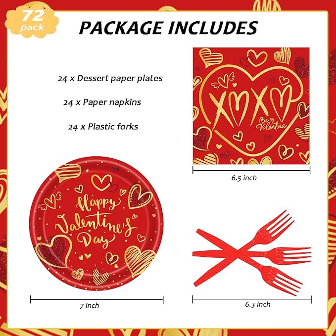 72Pcs Happy Valentine's Day Plates and Napkins Party Supplies Red & Gold Heart Paper Plates and Napkins with Forks 7inch Disposable Love Heart Dessert Plate Tableware Decorations for Valentines Day
