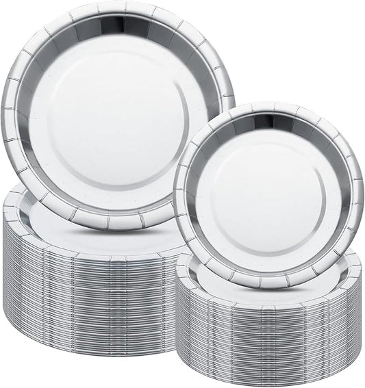 Colarr 120 Pack Metallic Silver Paper Plates 7 Inch and 9 Inch Disposable Plates for Party Dessert Wedding Birthday Anniversary Bridal Supplies(Silver)