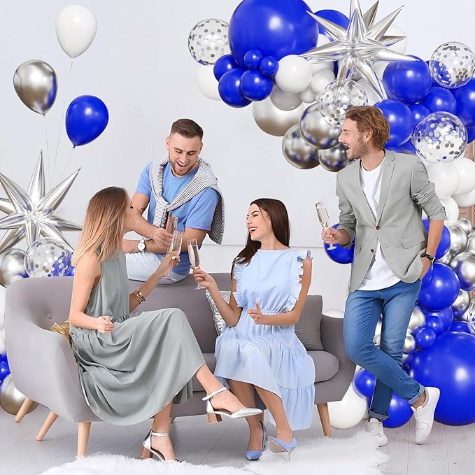 Blue White Silver Balloon Arch Kit, 130Pcs Blue and Silver Graduation Decorations with Foil Star Silver Confetti Balloons for College High School Graduation Decorations Class of 2026