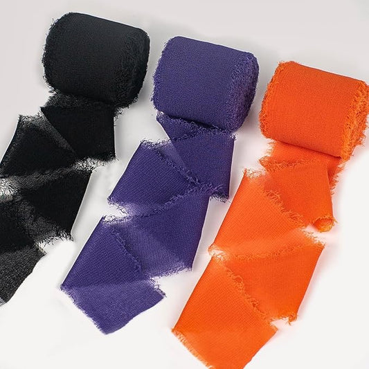 Halloween Ribbon, Black Orange Purple Silk Chiffon Ribbon, 1-1/2''x21Yd Handmade Frayed Fringe Ribbon for Wrapping, Halloween Party Supply, Floral Vase Decor, Birthday, 3 Rolls