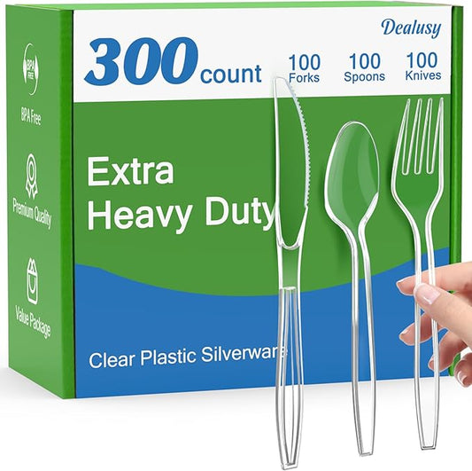 Dealusy 300 Count Extra Heavy Duty Clear Plastic Silverware, 100 Forks, 100 Spoons, 100 Knives, BPA-Free, Heat Resistant, Disposable Plastic Utensils Set, Plastic Cutlery Set, Plasticware Bulk