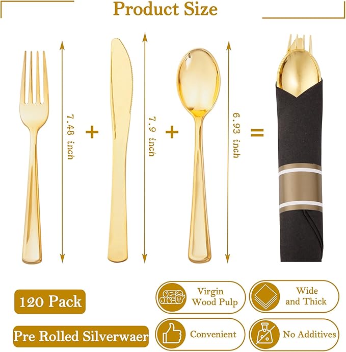 Supernal 120Pack Pre Rolled Silverware Set, Wrapped Disposable Silverware Set, Disposable Utensils Includes 120 Plastic Forks and Spoons, 120 Plastic Knives, 120 Napkins for Wedding, Birthday, Party
