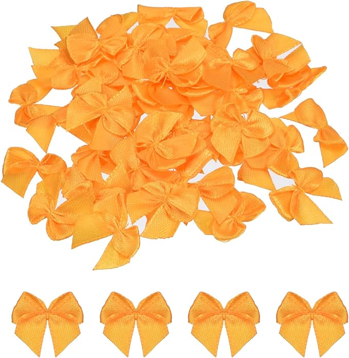 MECCANIXITY 50Pcs Mini Ribbon Bow 1" Mini Fabric Satin Ribbon Flower Bows for Craft DIY Sewing Wedding Birthday Party Orange