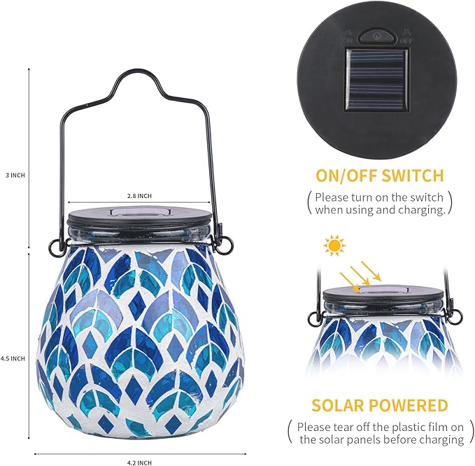 Afirst Mosaic Solar Lanterns - Glass Hanging Lights Hollow Out Waterproof Outdoor Decorative for Garden, Patio, Holiday Party Outdoor Decoration, 1 Pack