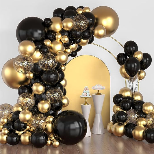 Lukiituke Black and Gold Balloon Arch Kit, 114Pcs Gold Latex Balloons, 4 Size Black New Years Party Balloons for Birthday Decorations, New Years, Wedding, Graduation Decorations