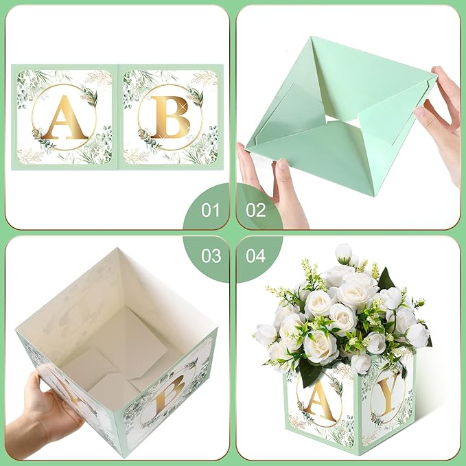 Bucherry 6 Pcs Baby Shower Centerpieces with Letters, 7" Baby Blocks Flower Boxes for Table Decorations, Gender Reveal Party Supplies & Photo Props(Green,Sage Green Leaf)