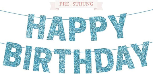 Pre-strung Happy Birthday Banner - No DIY - Light Blue Glitter Happy Birthday Party Banner for Boys & Girls - Pre-strung on 8 ft Strands - Blue Bday Party Decorations & Decor. Did We Mention No DIY