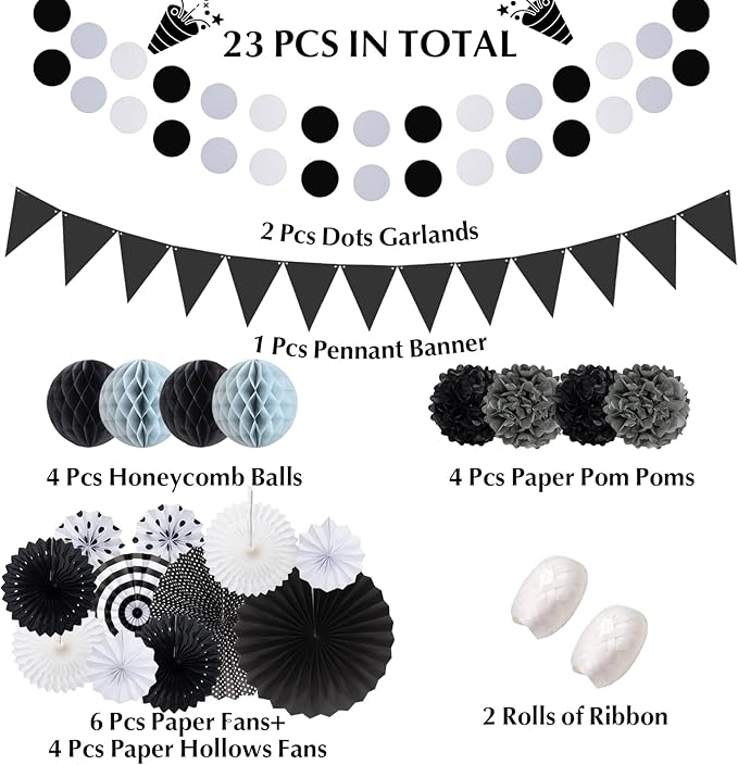 Black Gray Party Decoration,23Pcs Hanging Paper Fans, Pom Poms Flowers, Garland String Polka Dot and Triangle Bunting Flag Packs for Boy Birthday, Bridal Shower, Baby Boy Showers, Wedding, Graduation