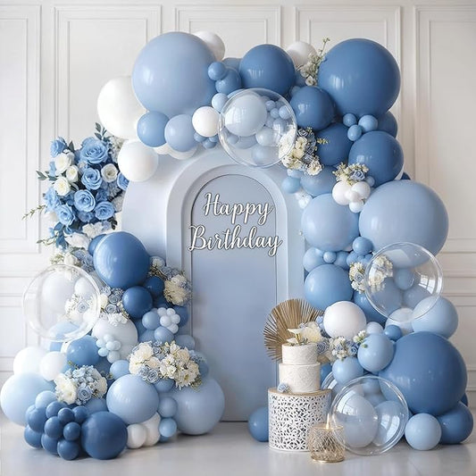 Dusty Blue Balloon Arch Kit, Pastel Blue Balloons with Dark Dusty Light Blue White Balloons Garland and Clear Balloons for Birthday Party Wedding Bridal Shower Gender Reveal Graduation Decoration