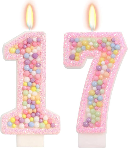 Birthday Candles - Number 17 Candle, Colorful Macaron Candles, 17 Birthday Decorations for Girls, Cake Decorations, Sweet Theme Party Supplies (Pink)