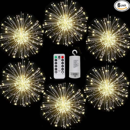 FOOING 6 Pack Firework Lights Led Copper Wire String Lights 8 Modes Battery Operated Fairy Lights with Remote,Wedding Decorative Hanging Light for Party Patio (Warm White)