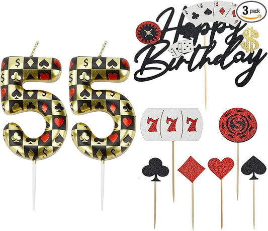 Casino Birthday Number Candles for Cake, Poker Birthday Candles for Casino Themed Birthday Party Decoration, Glitter Casino Birthday Cake Topper for Casino Night Theme Birthday Cake (Number 55)
