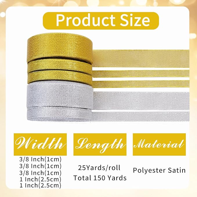 TONIFUL 5 Rolls Christmas Glitter Ribbon Set - Gold & Silver 3/8" & 1" x 125 Yards Ribbon for Gift Wrapping Crafts Christmas Wreath Tree Decor Bows Flower Bouquet Christmas Party Decor (25Yd、Roll