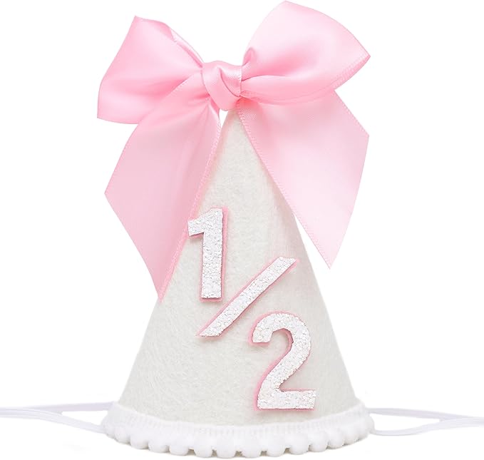 Pink Bow 1/2 Birthday Hat- Pink half Birthday hat, Princess 1st Birthday Supplies,Half Birthday Decorations for Girls
