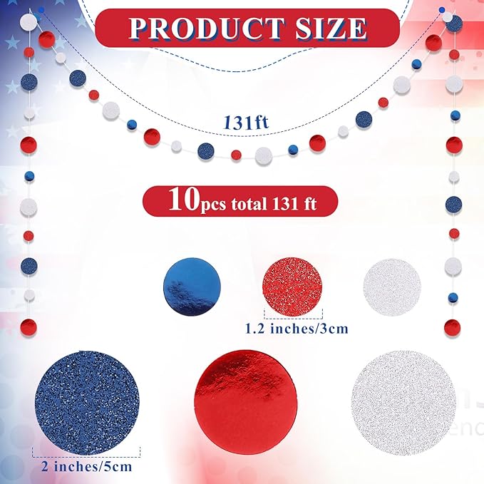 Outus 10 Pieces Blue,White,Red Round Dots Garland Graduation Party Hanging Decor Each Length 13.1ft Glitter Paper Dot Streamers for Birthday Wedding Classroom Supplies