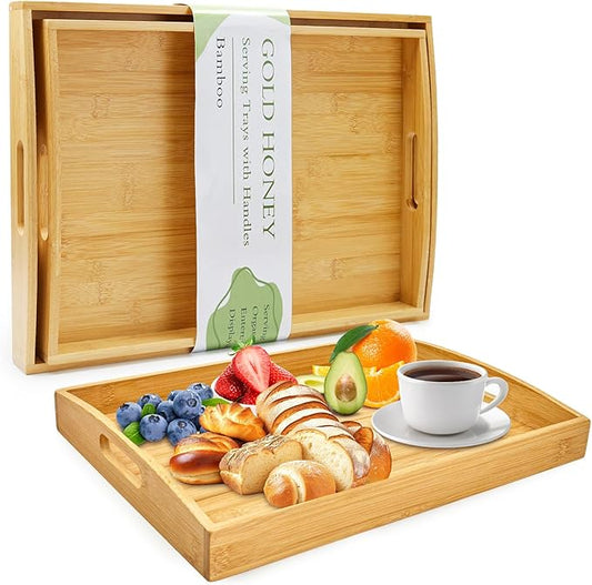 GOLD HONEY Bamboo Serving Tray with Handles Set of 2 - Decorative Wooden Tray for Living Room, Bathroom, Suitable for Used in Bedroom, Kitchen, Coffee Table, Outdoor and Storing - 17x13in, 16x12in