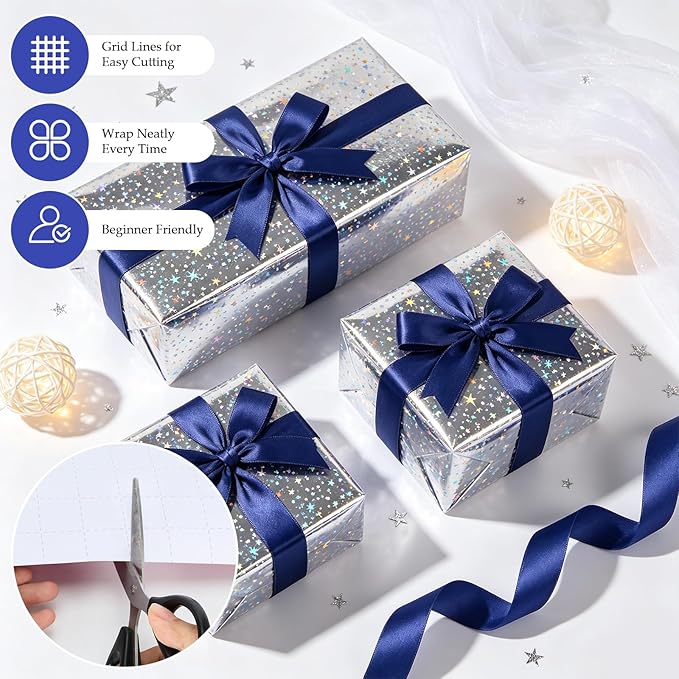 Bafeil Silver Star Wrapping Paper Roll - Metallic Holographic Gift Wrap with Ribbon for Birthday, Mothers Day, Graduation, Wedding, Engagement, Baby Shower, 17 IN x 32.8 FT