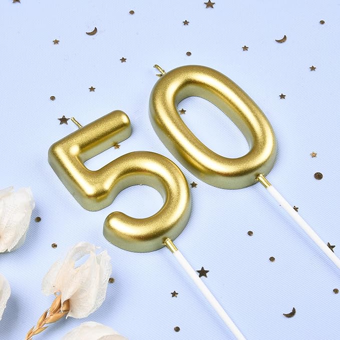 2.76 Inch Classical Gold 50 Number Birthday Candles, Gold Number Candles, Cake Number Candles, Party Celebration