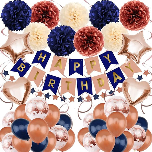 ZERODECO Navy Blue & Rose Gold Birthday Party Decorations - Happy Birthday Banner, Paper Pompoms, Balloons for Boys, Girls, Men & Women