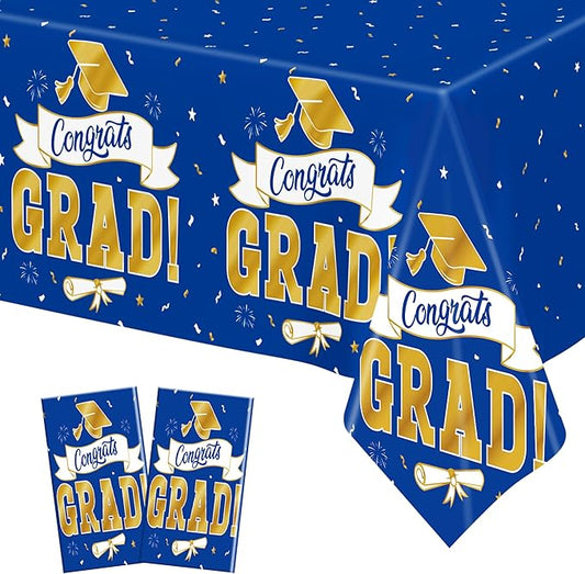 2Pack 2026 Graduation Decorations, 108" X 54" Graduation Tablecloth, Bluegold Disposable Table Cloths for Grad Party Favors Supplies, Rectangle Plastic Tablecover for Class 2026 Congrats Grad for Kids