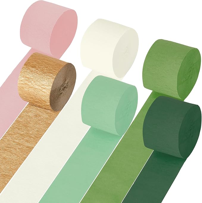 Streamers Party Decorations, 6 Rolls Sage Green Gold Pink Crepe Paper Streamers for Birthday Bachelorette Engagement Baby Shower Wedding Bridal Shower Woodland Jungle Shrek Safari Party Supplies