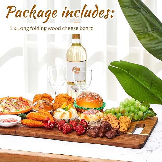 FoldTier Large Acacia Charcuterie Board with Handles 33 x 12 Inch Extra Large Christmas Wood Foldable Serving Tray Rectangular Appetizers Cheese Food Meat Board for New Home Party Housewarming Gifts