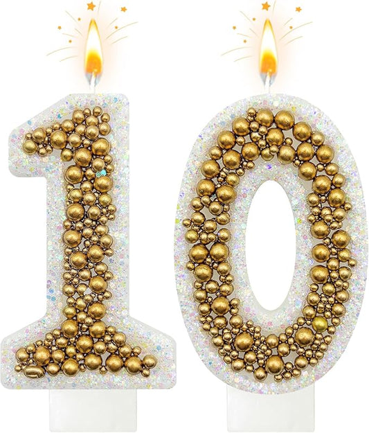 10 Birthday Number Candle for Cake, Glitter Number Candle with Gold Beads, Decorative Cake Topper for Milestone Celebrations