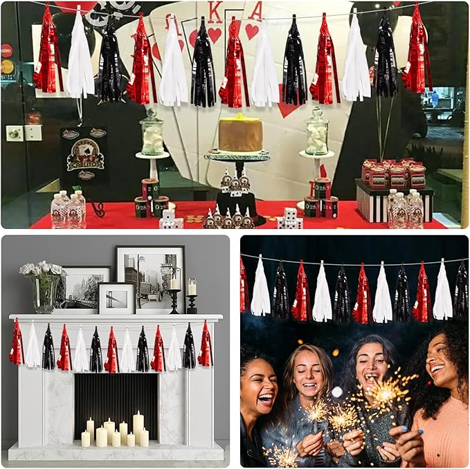 BEISHIDA 3 Packs Red Black White Metallic Foil Fringe Tassel Garland, Tassels Banner Streamers for Car Floats Bridal/Baby Shower Birthday Wedding Halloween Christmas Holiday Party Decoration