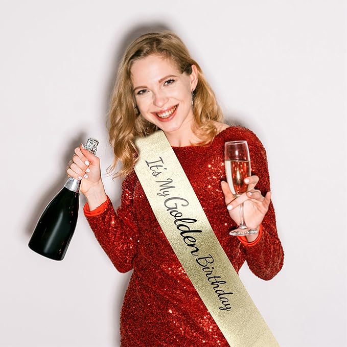 It's My Golden Birthday Sash - Gold Glitter with Black Foil Birthday Sash for Women Girls Funny Party Favor Supplies Accessories