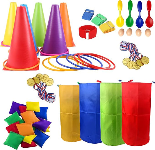 CircleCraft 53 Pcs Outdoor Games for Kids & Adults – Field Day & Lawn Carnival Games | Ring Toss, Bean Bag, Potato Sack Race Bags, Egg Spoon, Relay Race & Yard Game for Christmas and Easter