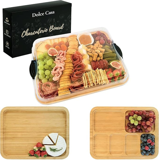 Charcuterie Board with Lid 3-in-1, Portable Bamboo Serving Tray with Lid & Removable Snack Tray for Cheese, Fruit, Food - Covered Cheese Platter for Picnic, Travel, Ready-to-Gift