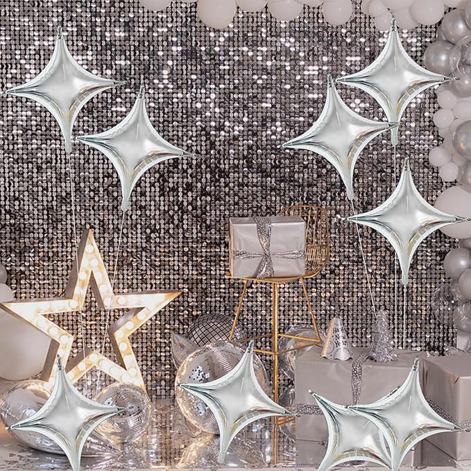 TONIFUL 20Pcs 26Inch Large Silver Four Pointed Star Shape Foil Balloons Big Silver Star Mylar Balloons for Birthday Wedding Baby Shower Anniversary Engagement Party Decorations Supplies