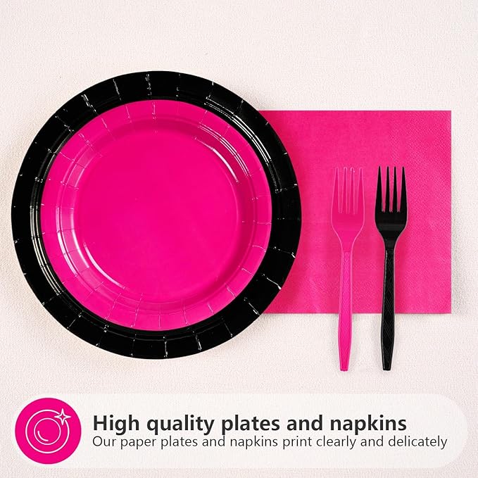 200Pcs Hot Pink and Black Birthday Decorations Hot Pink Party Plates and Napkins Disposable Heavy Duty Pink and Black Tableware Set for Valentine?™s Day Girls Women Birthday Bridal Shower Gender Reveal