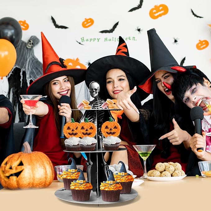Haooryx Halloween Skeleton Cupcake Stand - 3 Tier Scary Bone Cupcake Tower Cardboard Gothic Style Black Dessert Holder Pastry Platter for Halloween Theme Party Table Decoration Birthday Party Supplies